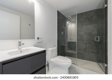 Photoshoot Footage located in Florida, USA. Clean, modern bathroom with refreshing shower, reflecting mirror, Bathtub and sleek tiles. - Powered by Shutterstock