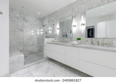 Photoshoot Footage located in Florida, USA. Clean, modern bathroom with refreshing shower, reflecting mirror, Bathtub and sleek tiles. - Powered by Shutterstock