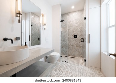 Photoshoot Footage located in Florida, USA. Clean, modern bathroom with refreshing shower, reflecting mirror, Bathtub and sleek tiles. - Powered by Shutterstock