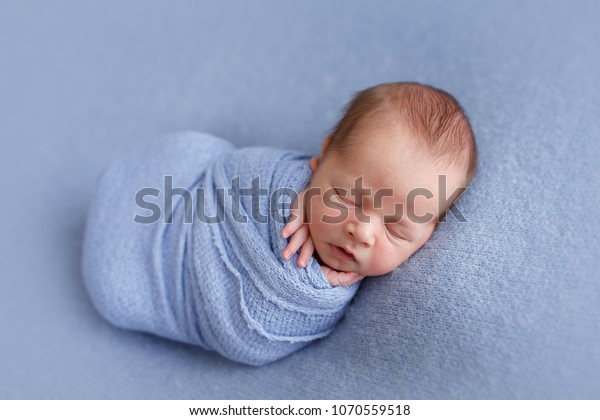 Photoshoot Sleeping Newborn Boy On Blue Stock Photo Edit Now 1070559518