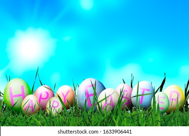 Photoshop Easter Eggs In Sunny Meadow On Blue Sky  Background. Funny Softly Colored Eggs With Happy Easter Letters. Copy Space. Easter In Spring