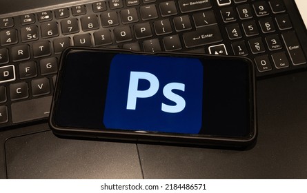 Photoshop Logo On Mobile Phone  , Background Is A Keyboard  , Sydney Australia July 30 2022