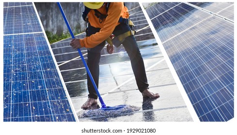 Photovoltaic Panels Are So Dirty With Dust And Birds' Droppings And Then Are Clean And Clear After Washing And Cleaning By Using Mop And Water Splash By Photovoltaic Technician.