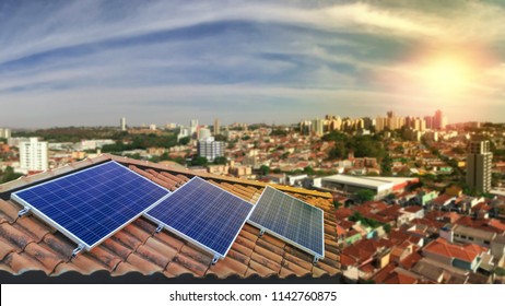 Photovoltaic Power Plant On The Roof Of A Residential Building On Sunny Day - Solar Energy Concept Of Sustainable Resources