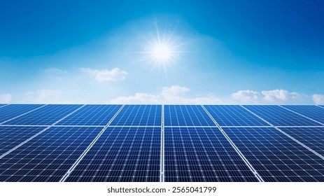 Photovoltaic solar power panel on blue sky ,green clean alternative energy. environmentally friendly. Clean energy and environment. 3D rendering