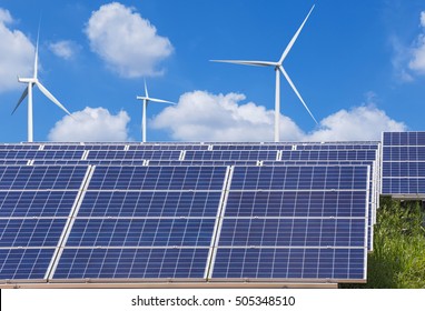 photovoltaics and wind turbines generating electricity in solar power station alternative energy from nature   - Shutterstock ID 505348510