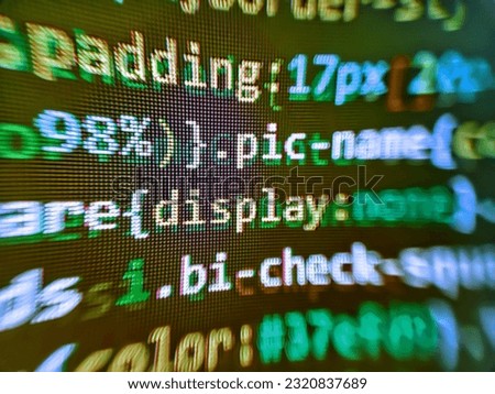 PHP development, software site code. Freeware open source project. Digital binary data on computer screen. Modern tech. Web development code: CSSSASS styles preprocessor script lines