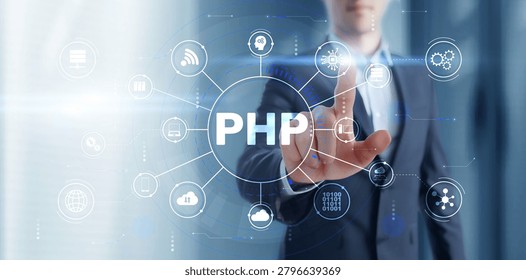 PHP hypertext preprocessor platform for server-side web development featuring interactive digital interface and network icons