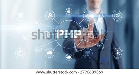 PHP hypertext preprocessor platform for server-side web development featuring interactive digital interface and network icons