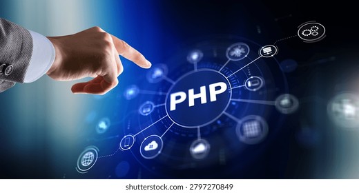 PHP hypertext preprocessor platform for web development and server-side scripting with user hand interaction