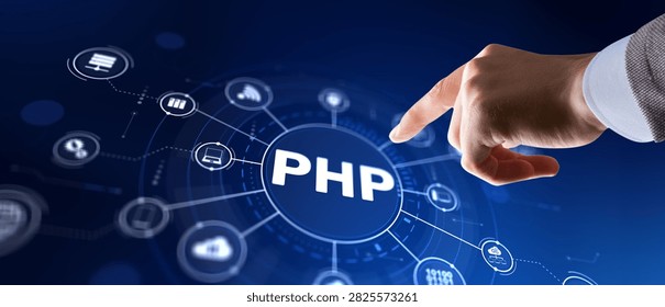 PHP Hypertext Preprocessor used for web development and server-side scripting with interactive digital icons