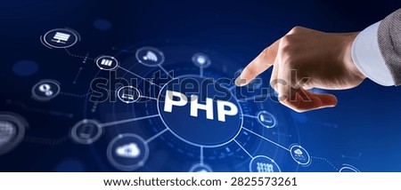 PHP Hypertext Preprocessor used for web development and server-side scripting with interactive digital icons