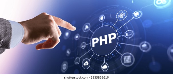 PHP hypertext preprocessor for web development and server-side scripting with hand interaction and technology icons