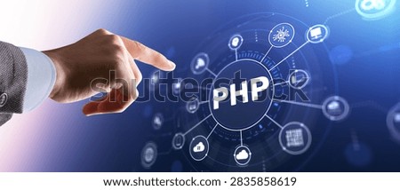 PHP hypertext preprocessor for web development and server-side scripting with hand interaction and technology icons