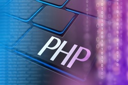 PHP Logo On Pc Keyboard. Writing Code With PHP. PHP Programming. Programming With Hypertext Preprocessor. Creating Web Projects In Hypertext Preprocessor Language. Website Development. 3d Image