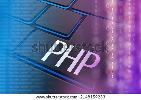 PHP logo on pc keyboard. Writing code with PHP. PHP programming. Programming with Hypertext Preprocessor. Creating web projects in Hypertext Preprocessor language. Website development. 3d image