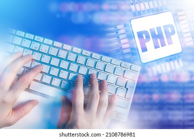 PHP logo. Programmer at computer. Programmer writes PHP code for website. Hypertext Preprocessor. Man works at pc. Website development using PHP. Hands on keyboard. Programming language. 