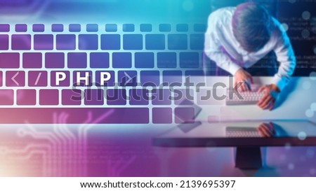 PHP programming language. Man writes PHP code. Hypertext preprocessor on keyboard. Coder is engaged in programming in PHP. Modern programming language. Software developer on blue background.