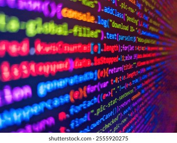 Php web programming source code. Information technology. Computer code on laptop web developing. Sequence of numbers with bright colors on a black background. Javacsript with web development.