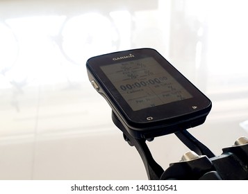 Phrae Thailand: 21May2019 : Garmin Edge 820 Cycling Computer Mounting On The Bicycle Handlebar The Display Shows The Power Meter Watt Display