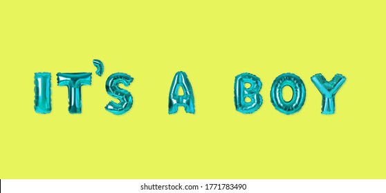 Phrase ITS A BOY Made Of Foil Balloon Letters On Yellow Background, Banner Design. Baby Shower Party