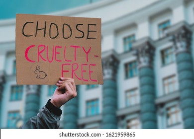 The phrase " Choose cruelty free " on a banner in men's hand. Animal rights protest. Protection. City. Urban. Rally. Freedom. Stop animal testing. Equality. Justice. Care. Life. Humanity