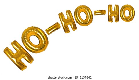Phrase HO-HO-HO made of golden foil balloons on white background
