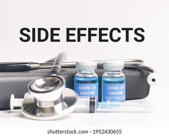 Phrase Side Effects On White Background With Covid 19 Vaccine,syringe,stethoscope And Book.