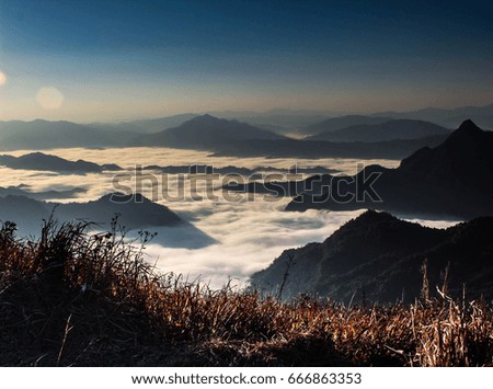 Phu Chi Fa viewpoint, sunrise above the clouds, Thailand