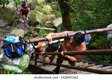 

Phu Kradueng, Loei Province, Thailand On October 1, 2018, Porter Work Hard On The Opening Day, Some Have To Climb The High Ladder.