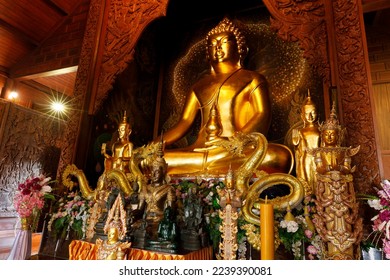 Phu Ruea District, Loei Province, Thailand - 28 July 2022: Golden big buddha meditating in church at Wat Somdet Phu Ruea Ming Mueang - Shutterstock ID 2239390081