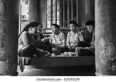 PHU THO, VIET NAM, April 10, 2017 elderly, resting, ancient pagoda, rural Phu Tho, Vietnam