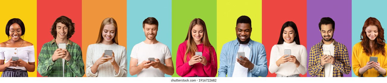 Phubbing and internet addiction concept. Collage with diverse young people stuck in cellphones, studying, working, browsing web or social media on colorful studio backgrounds, banner design - Shutterstock ID 1916722682