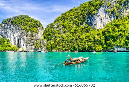 Phuket beach boat on Thailand landscape