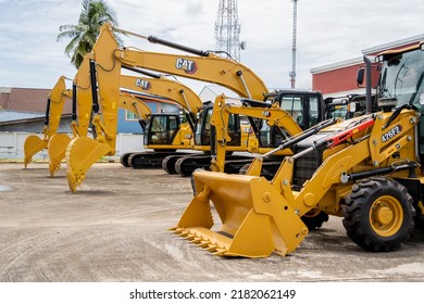 PHUKET, TAHAILAND - JUNE 05, 2022: Caterpillar Heavy Duty Equipment Vehicle On Display Area Of Dealership