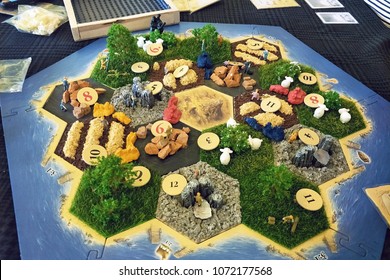 Phuket Thailand - 9 FEBRUARY 2018: DIY Custom Catan Boardgame Base In 3d Model And Set To Play  On The Original Tile To Play On Table