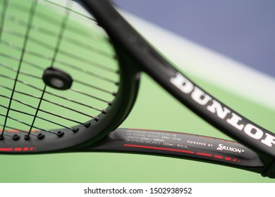 PHUKET, THAILAND - AUG 15, 2019: Dunlop CX 400 Racket On Tennis Court, This Series Launch In 2019 With Srixon Technology