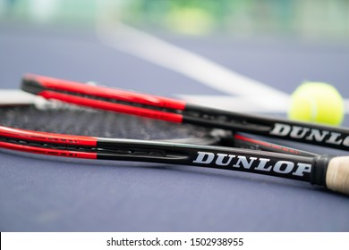 PHUKET, THAILAND - AUG 15, 2019: Dunlop CX 400 Racket On Tennis Court, This Series Launch In 2019 With Srixon Technology