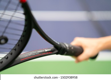 PHUKET, THAILAND - AUG 15, 2019: Dunlop CX 400 Racket On Tennis Court, This Series Launch In 2019 With Srixon Technology