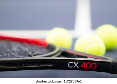 PHUKET, THAILAND - AUG 15, 2019: Dunlop CX 400 Racket On Tennis Court, This Series Launch In 2019 With Srixon Technology