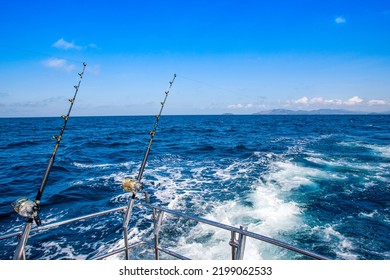 Phuket, Thailand - February 18, 2022: View Of The Indian Ocean Landscape From A Yacht With An Ocean Fishing Rod 