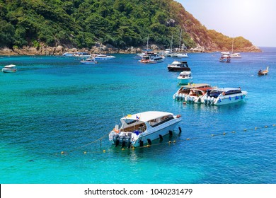 Phuket, Thailand - February 25, 2017: Group Of Speed Boats Park To Waiting Tourist At Racha Island.