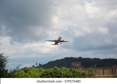 Phuket, Thailand - January 28,  2017: take-off of the plane and airport