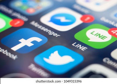PHUKET, THAILAND - MAR 16, 2018: Iphone Home Screen Of Social Media App Icon, Facebook, Line, Messenger And Twitter, Macro Shot