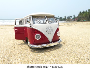 PHUKET, THAILAND - MARCH 27, 2015: Miniature VW Bulli 1962 on the beach. The cult car of the Hippie generation and it remained the status vehicle of the high wave surfers