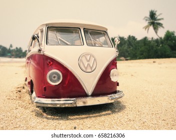 PHUKET, THAILAND - MARCH 27, 2015: Miniature VW Bulli 1962 on the beach. The cult car of the Hippie generation and it remained the status vehicle of the high wave surfers        