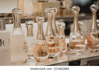 PHUKET, THAILAND - MAY 29, 2022: A Rows Of Christian Dior Brand Perfumes In A Case On The Supermarket Showcase