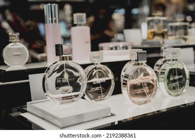 PHUKET, THAILAND - MAY 29, 2022: A Rows Of Chanel Brand Perfumes In A Case On The Supermarket Showcase