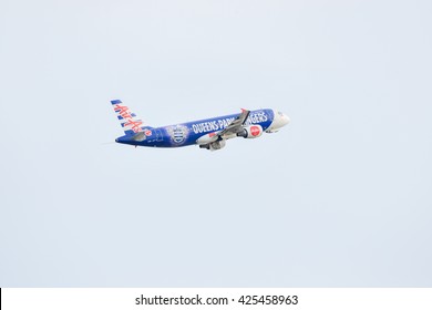 Phuket, Thailand - May 8,2016 :Malaysia Air Asia ,airbus A320 Queens Park Rangers Designed, 9M-AFV , Take Off At Phuket Airport