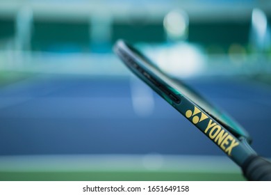 PHUKET, THAILAND - NOV 24, 2019: Yonex Vcore Pro 100 Racket On Tennis Court, This Series Launch In 2019 With Namd Technology